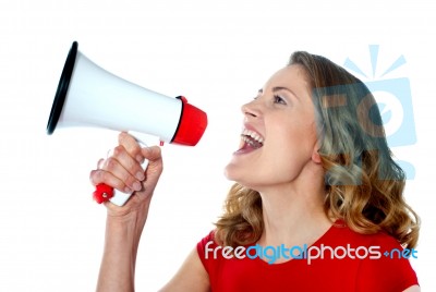 Female Holding Megaphone Stock Photo