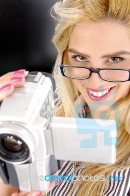 Female Holding Video Camera Stock Photo