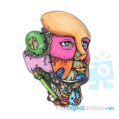Female Humanoid Robot Head Tattoo Stock Image