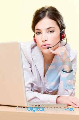 Female Operator Near Computer Stock Photo