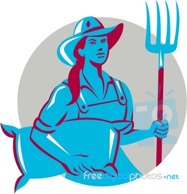 Female Organic Farmer Sack Pitchfork Circle Retro Stock Image