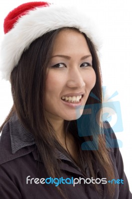 Female Wearing Christmas Hat Stock Photo