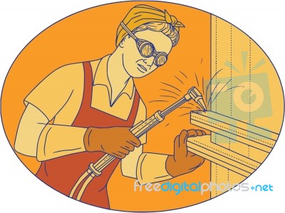 Female Welder Acetylene Welding Vintage Mono Line Stock Image