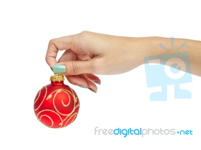 Female Woman Hand Holding Christmas Ball Stock Photo