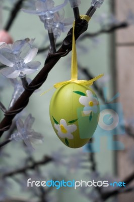 Festive Painted Egg Hanging From A Tree In Arco Trentino Italy Stock Photo