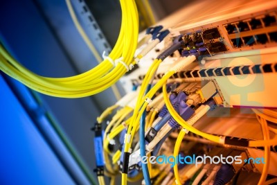 Fiber Optic With Servers In A Technology Data Center Stock Photo