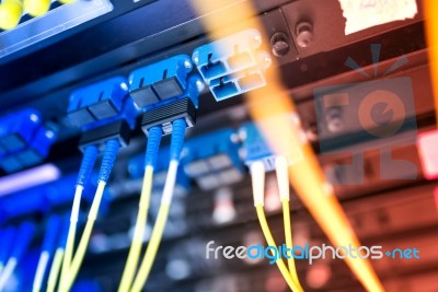 Fiber Optic With Servers In A Technology Data Center Stock Photo