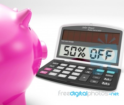 Fifty Percent Off Calculator Means Half-price Promotion Stock Image