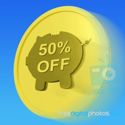 Fifty Percent Off Gold Coin Shows 50 Half-price Deal Stock Image
