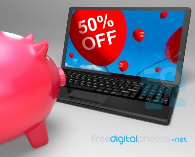 Fifty Percent Off Laptop Means 50 Half-price Savings Stock Image