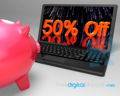 Fifty Percent Off On Laptop Shows Bargains Stock Image