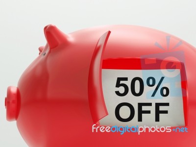 Fifty Percent Off Piggy Bank Shows 50 Price Cut Stock Image