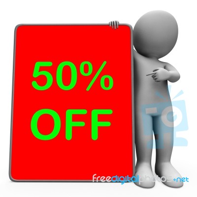 Fifty Percent Off Tablet Character Means 50% Reduction Or Sale O… Stock Image