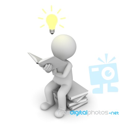 Figure Sitting And Reading Book With Idea Bulb Stock Image