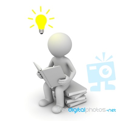 Figure Sitting And Reading Book With Idea Bulb Stock Image
