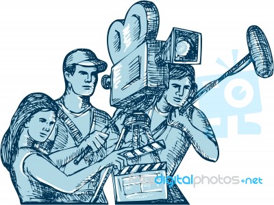 Film Crew Clapperboard Cameraman Soundman Drawing Stock Image