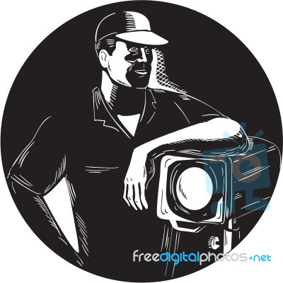 Film Crew Lighting Fresnel Spotlight Circle Woodcut Stock Image Film Crew Lighting Fresnel Spotlight Circle Woodcut Stock Image