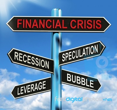 Financial Crisis Signpost Shows Recession Speculation Leverage A… Stock Image