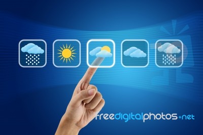 Finger Pushing Weather Icons Stock Photo
