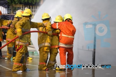 Fireman. Firefighters Fighting Fire During Training Stock Photo