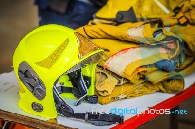 Fireman. Firefighters Fighting Fire During Training Stock Photo