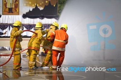 Fireman. Firefighters Fighting Fire During Training Stock Photo