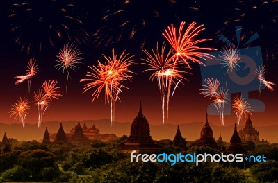 Firework Celebration At Old City Bagan, Myanmar Stock Photo Firework Celebration At Old City Bagan, Myanmar Stock Photo
