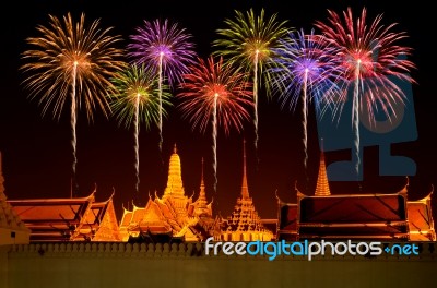 Firework Celebration At Wat Phra Kaeo, Bangkok, Thailand Stock Photo