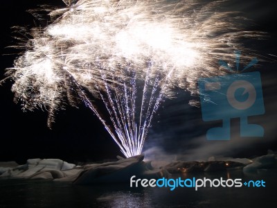 Fireworks At Jokulsarlon Stock Photo