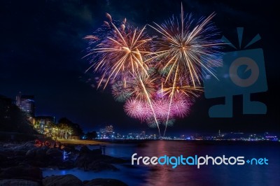 Fireworks At Pattaya Beach, Thailand Stock Photo