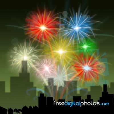 Fireworks City Indicates Night Sky And Celebration Stock Image
