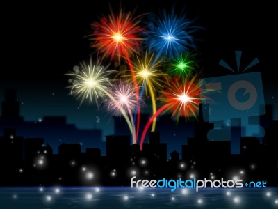 Fireworks Evening Shows Explosion Background And Buildings Stock Image