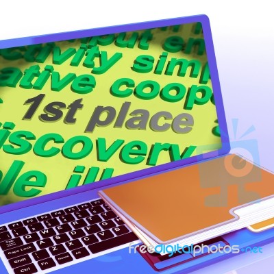First Place Word Cloud Laptop Shows 1st Winner Reward And Succes… Stock Image