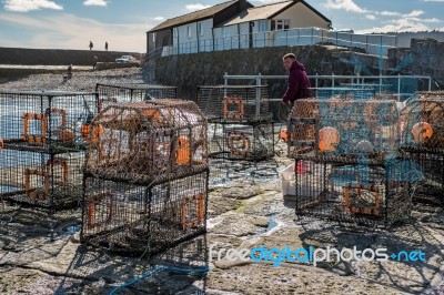 Fisherman Repairing His Lobster Pots On The Harbour Wall At Lyme… Stock Photo
