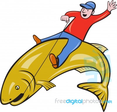 Fisherman Riding Jumping Trout Fish Stock Image