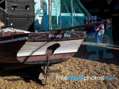 Fishermen's Sheds And Boat  In Hastings Stock Photo