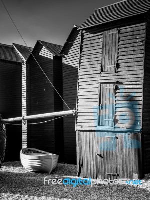 Fishermen's Sheds And Boat  In Hastings Stock Photo