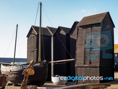 Fishermen's Sheds And Boat  In Hastings Stock Photo