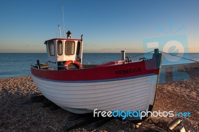 Fishing Boat On Dungeness Beach Stock Photo