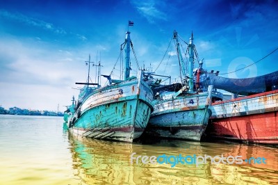 Fishing Boats The Rivers Of Thailand Stock Photo