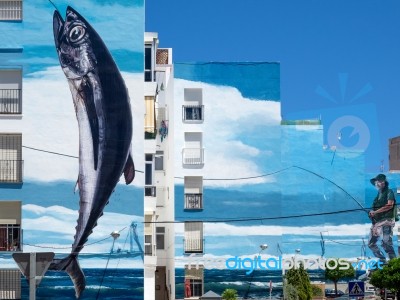 Fishing Day Mural By Jose Fernandez Rios In Estepona Stock Photo