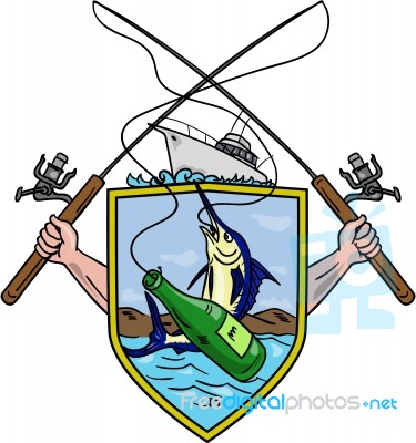 Fishing Rod Reel Blue Marlin Beer Bottle Coat Of Arms Drawing Stock Image