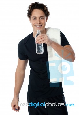 Fit Man Drinking Water Isolated On White Stock Photo