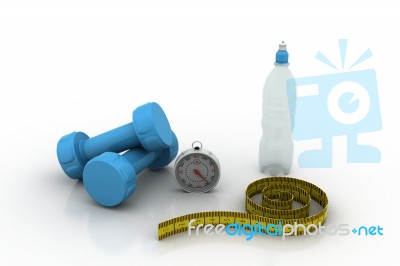 Fitness And Dieting Concept. Stopwatch, Dumbbells And Water Stock Image