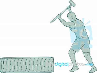 Fitness Athlete Sledge Hammer Striking Tire Drawing Stock Image