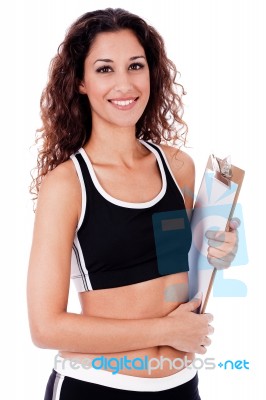 Fitness Lady Holding Clip Board Stock Photo