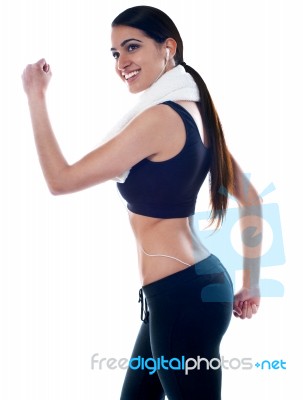 Fitness Lady Listening To Music Stock Photo
