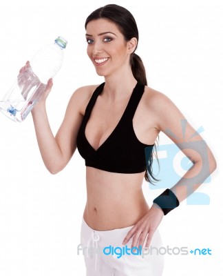 Fitness Women Smiling With Water Bottle Stock Photo