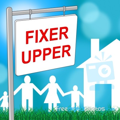 Fixer Upper House Shows Buy To Sell And Advertisement Stock Image