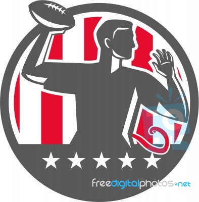 Flag Football Qb Player Passing Ball Circle Retro Stock Image